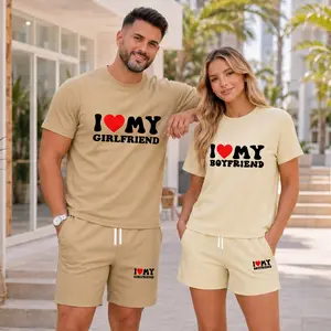Couples’ Romantic Love Letter T-Shirt and Shorts Set, His and Hers Casual Matching Outfit with Crew Neck Tee and Drawstring Waist Shorts