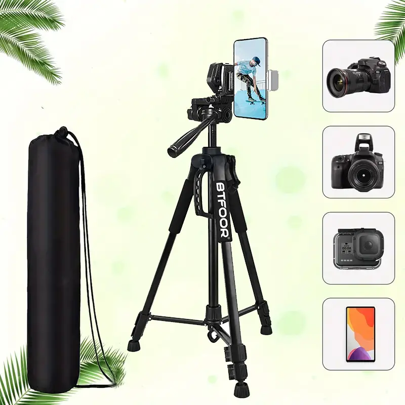 55" (140cm) Professional Aluminum Travel Tripod - Camera & Mobile Phone Stand with Quick Plates, Mount Pan Head for DSLR, SLR, Smartphone, Cellphone Videography Equipment Accessories