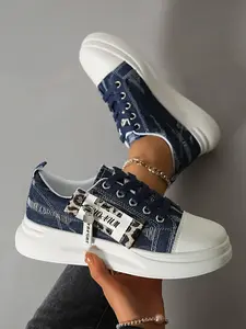 Vintage Denim Thick Sole Sneakers, Leopard Print Zipper Decor, Casual Height-Boosting Women's Shoes, Perfect for Students