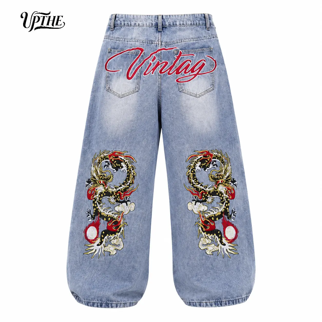 UP.THE Y2K Baggy Jeans Men's Wide Leg Hip Hop Streetwear Dragon Embroidered Classic Quality with Button Detail for Casual Outings Pants Vibe