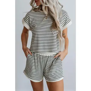 Women's 2-Piece Casual Cotton Lady Shortsleeve Top and Shorts Set, Round Neck, White Striped with Contrast Edge, Women's Clothes