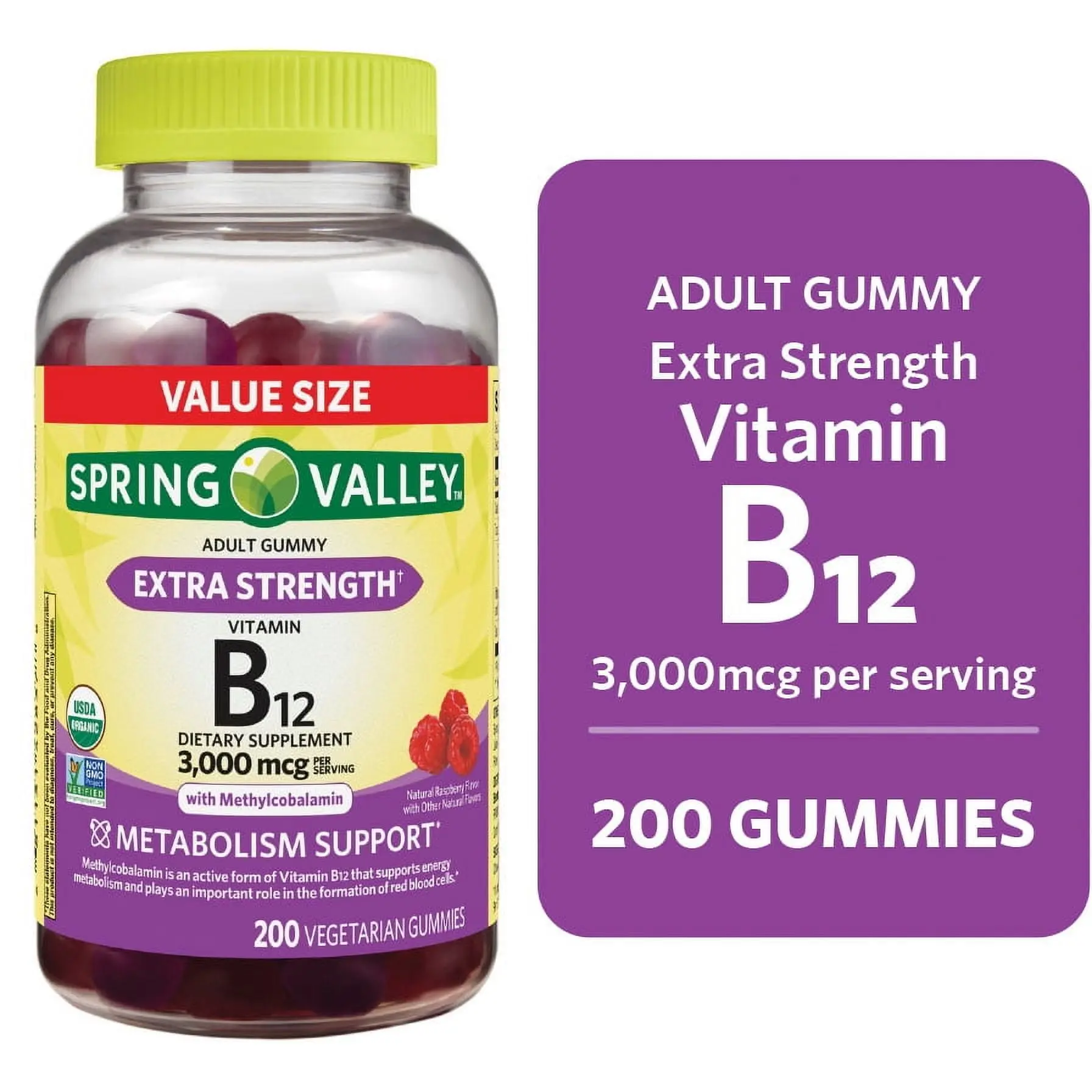Spring Valley Extra Strength Vitamin B12 Gummies – 3000 mcg, Raspberry Flavor, Energy Boost & Metabolism, Nervous System Support, Healthcare Supplement