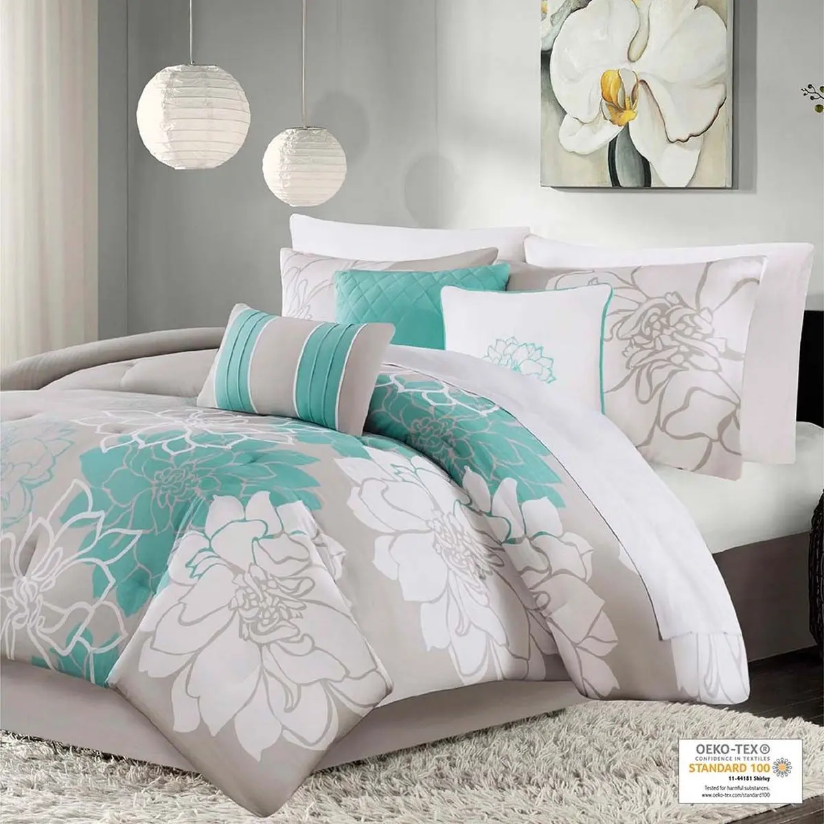 7 Piece Sateen Cotton Comforter Set-Casual Medallion Floral Design All Season Down Alternative Bedding, Shams, Bedskirt, Decorative Pillows, Lola, Bedding Sets, Bed Comforter Set