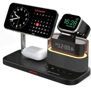 5-in-1 Wireless Charger with Clock, Mobile Magnetic Wireless Charger Stand for iPhone Apple Watch Airpods, for Magsafe Charger Set, Black Charging Station, for Smartphone, Cellphone, Electronic, Magnetic Charging Design, Charging Dock