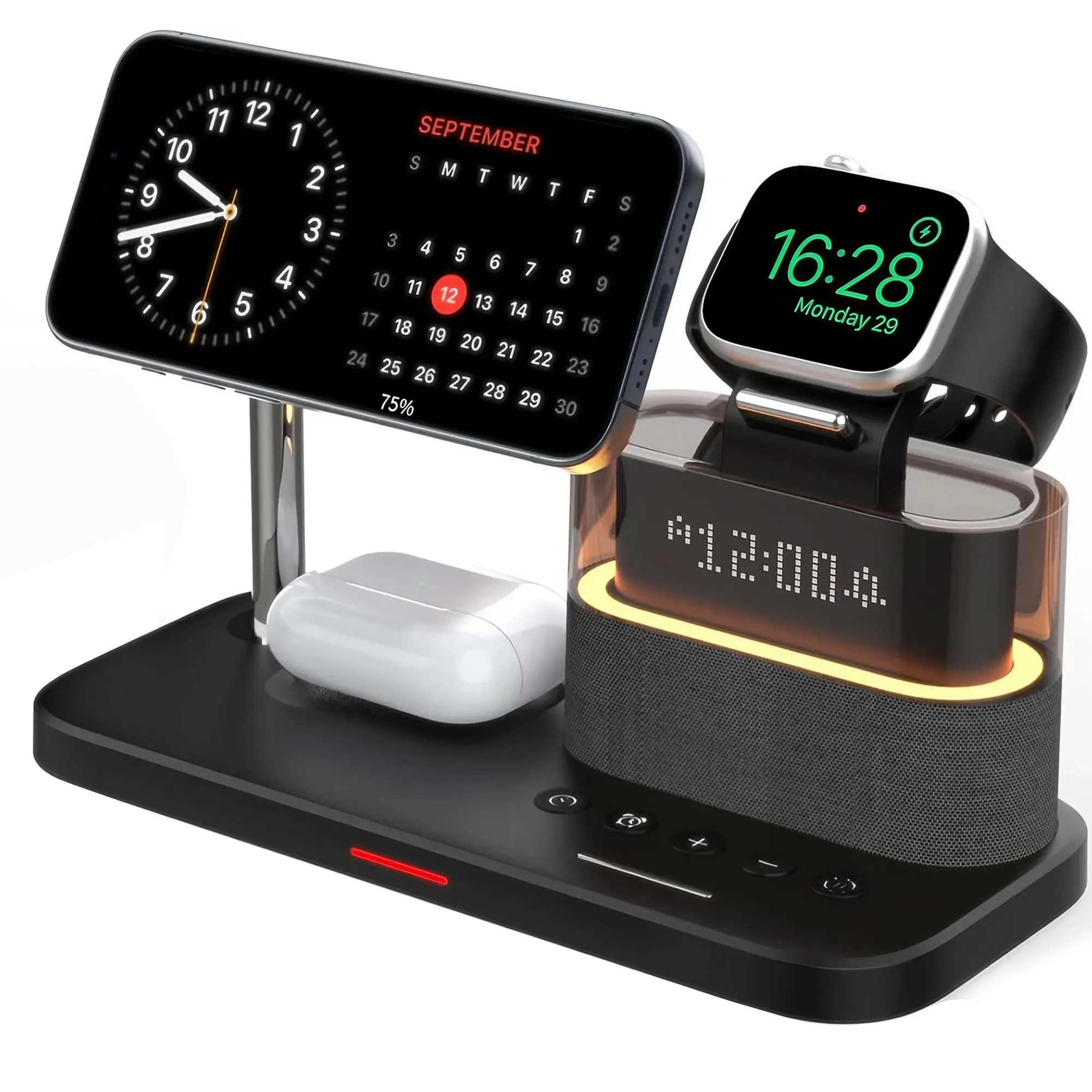 5-in-1 Wireless Charger with Clock, Mobile Magnetic Wireless Charger Stand for iPhone Apple Watch Airpods, for Magsafe Charger Set, Black Charging Sta