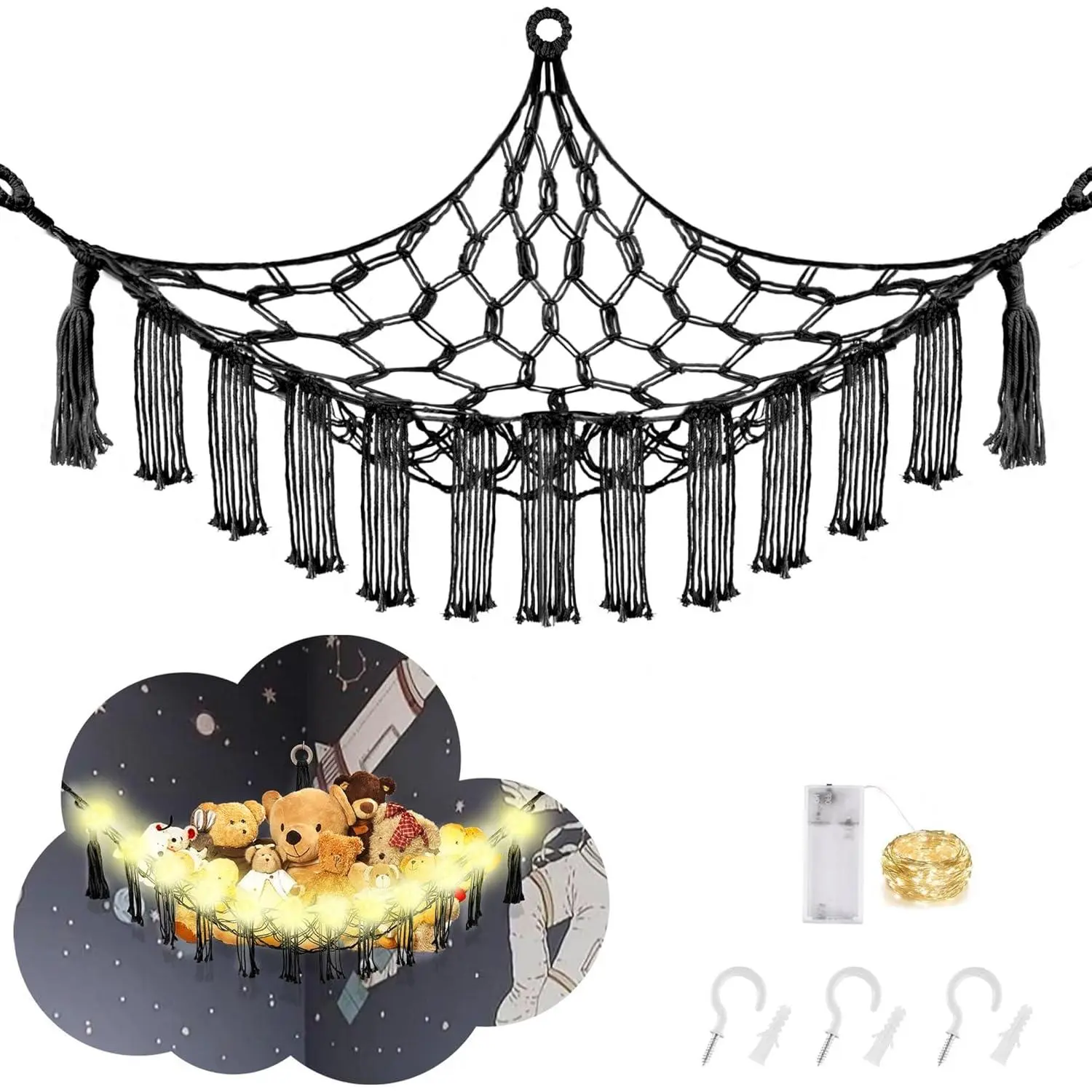 Stuffed  Hammock with LED Light,  Hammock for Stuffed  Storage for  Room Decor, Stuffed  Hammock Corner, Black