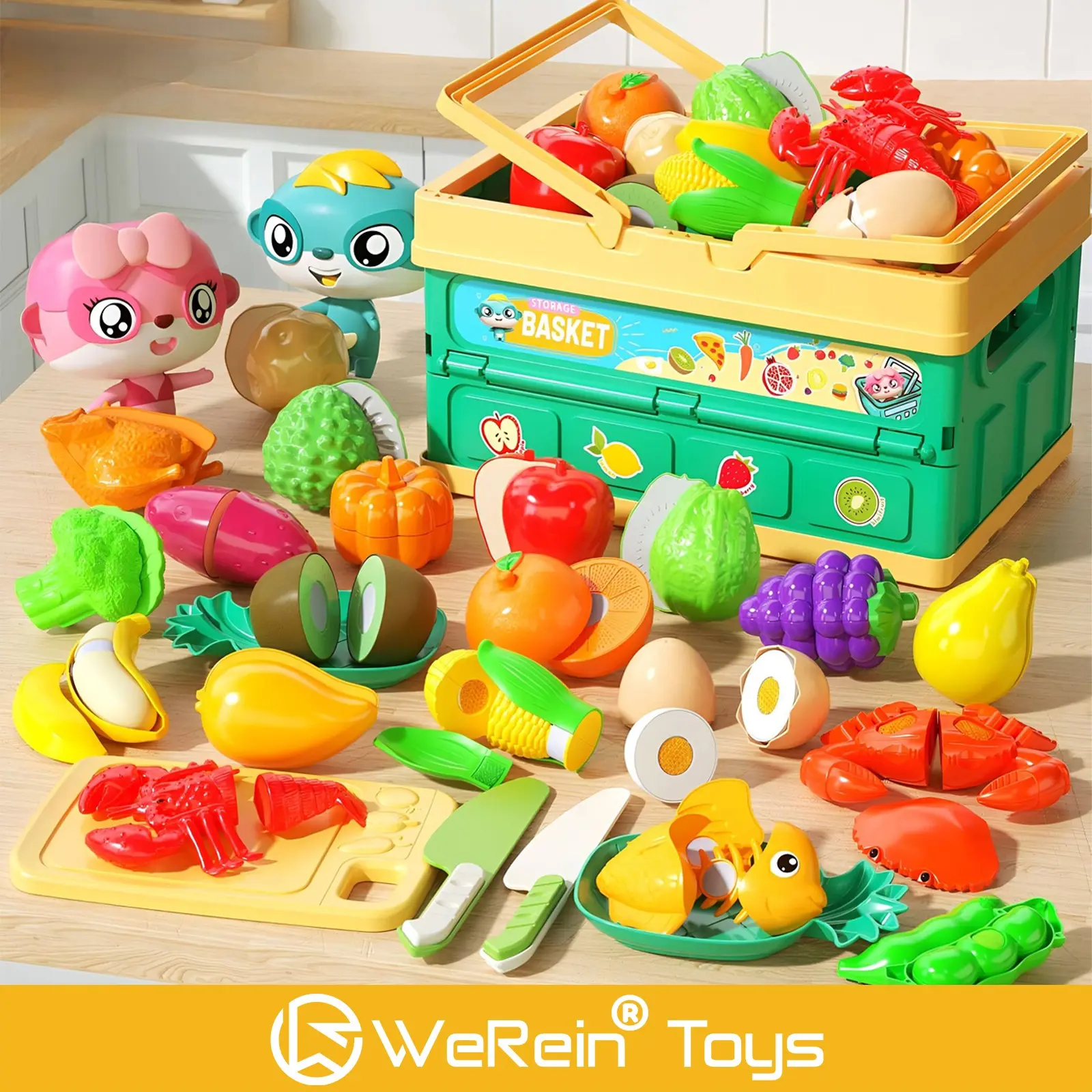 Vegetable Fruit Seafood Meat Cutting Playset, Toddler Cooking Playset, Play Kitchen Accessories, Pretend Play Accessories, Toddler Play Kitchen, Role Play Toy for Kids, Enhances Finger Dexterity & Imaginative Play