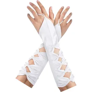 Wedding Bridal Beaded Bows Stretchy Satin Fingerless Long Gloves