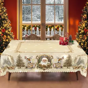 PLUMLIK Golden Christmas Tablecloth with Santa Claus, Christmas Tree, Reindeer Patterns, Christmas Decor 2025, Christmas Party Decoration for Indoor&Outdoor, Luxurious Round Rectangular Table Cloth, Holiday Party Home Festive Decor, Christmas Gifts