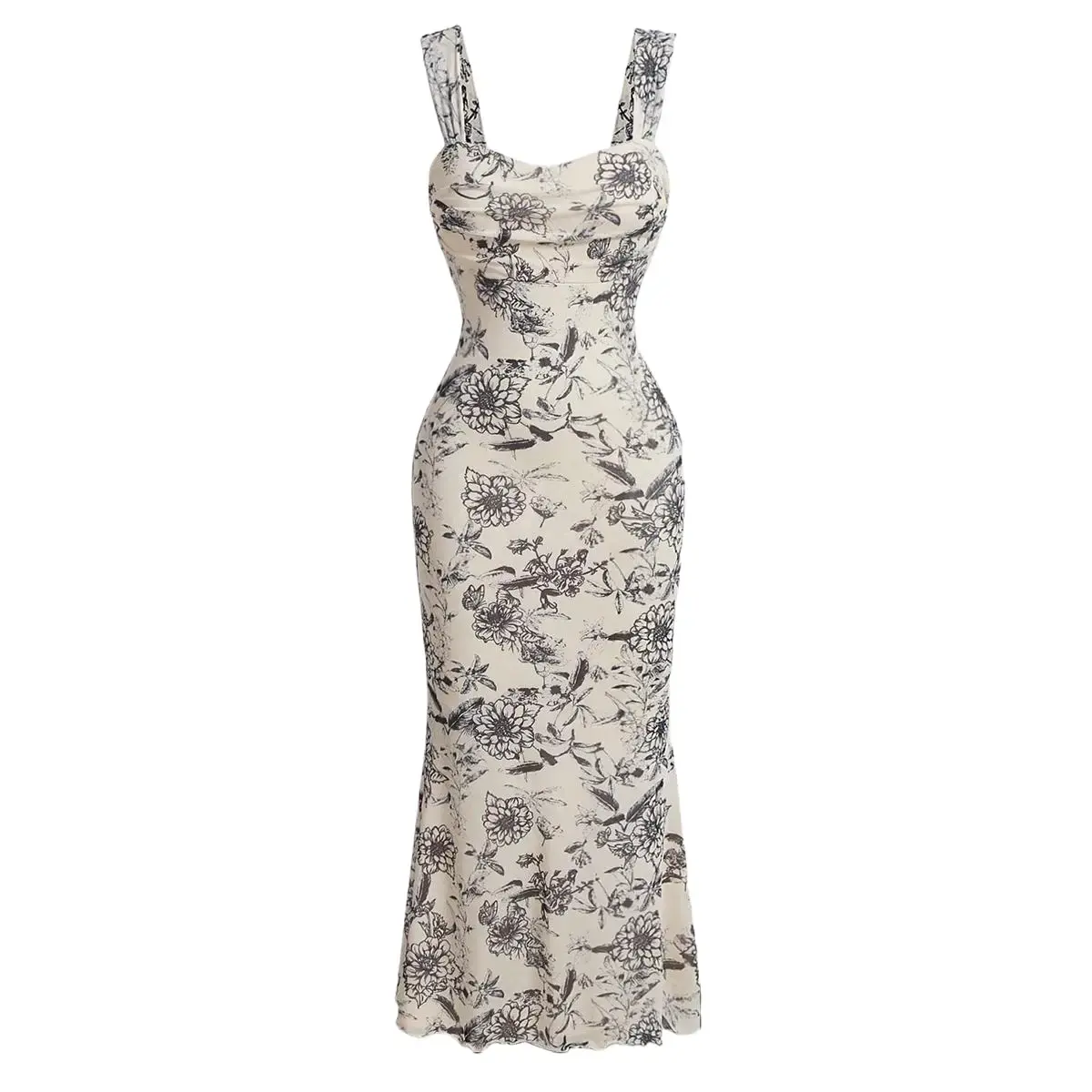 HYZ Women's Summer Floral Print Square Neck Mesh Sleeveless Bodycon Midi Party Dress