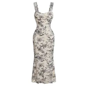 HYZ Women's Summer Floral Print Square Neck Mesh Sleeveless Bodycon Midi Party Dress