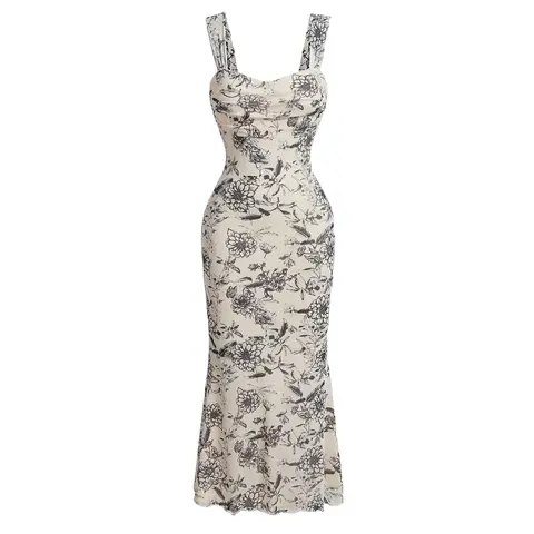 HYZ Women's Summer Floral Print Square Neck Mesh Sleeveless Bodycon Midi Party Dress