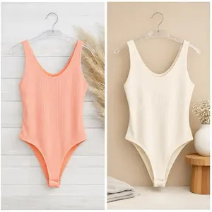 Women's Ribbed Bodysuit - Peach & Cream Colors, Sleeveless, V-Neck, Comfortable Fit, Ideal for Casual Wear
