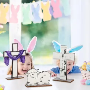 3pcs Easter Decorations He Is Risen Tabletop Centerpieces, Religious Jesus Christian Cross Wooden Sign Set, Spring Party Home Holiday Decoration