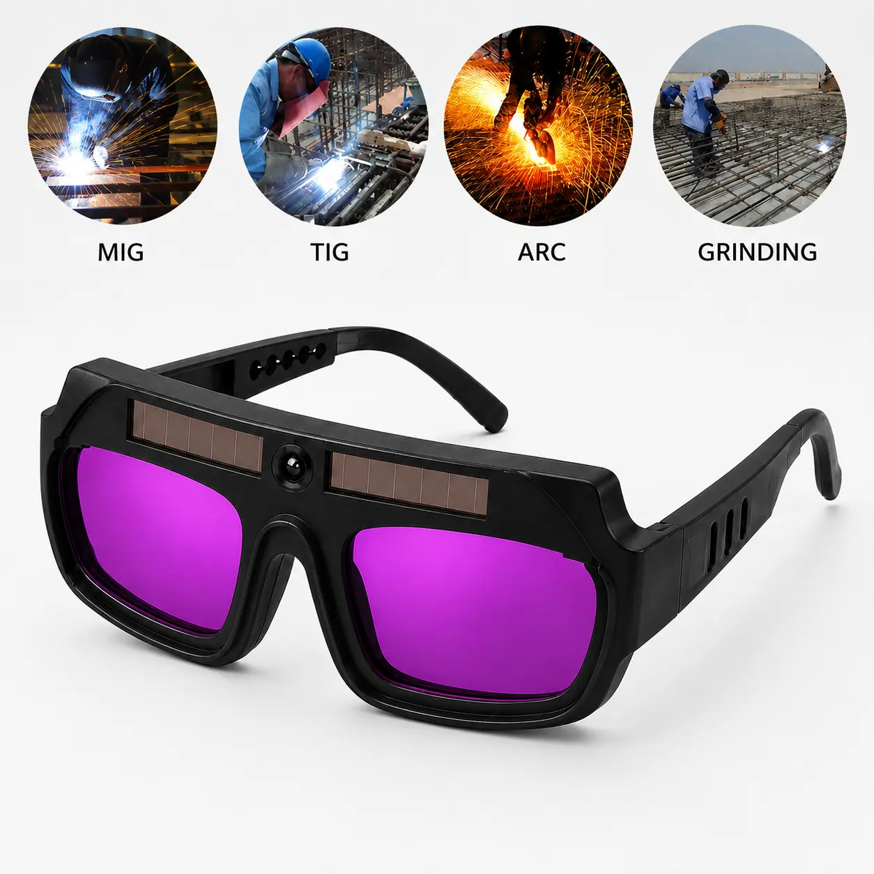 Auto-Darkening Welding Goggles, Solar-Powered Welding Glasses with Light Sensor, Adjustable Arms for Welding, Cutting & Grinding