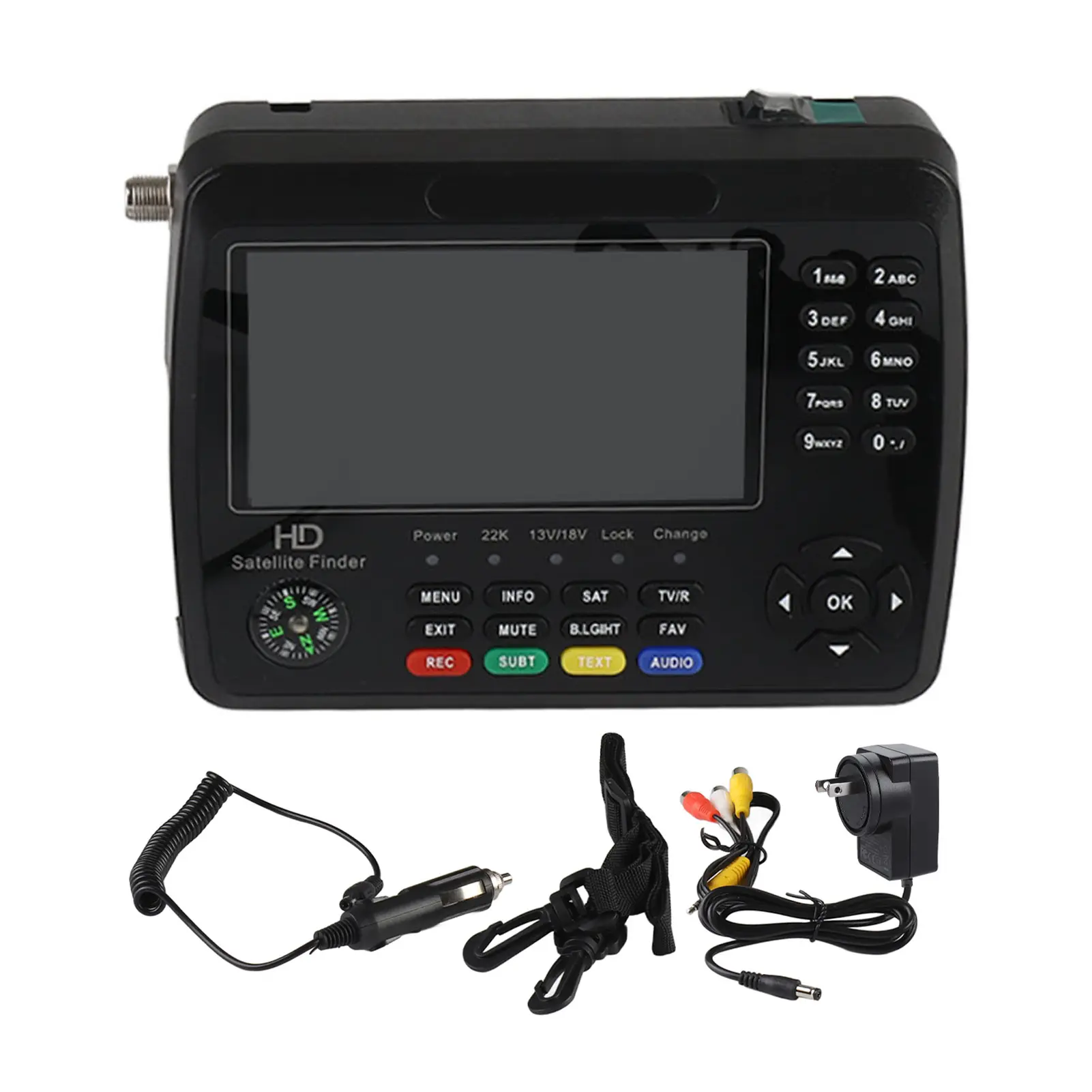 Handheld Digital Satellite Finder with Radio, 4.3-Inch HD LCD, 4000mAh Lithium Ion Battery, 13v/18v Compatibility, ABS Plug-and-Play Design, USB Cable & Power Adapter for Homeowners’ AV Receivers, Audio Speakers