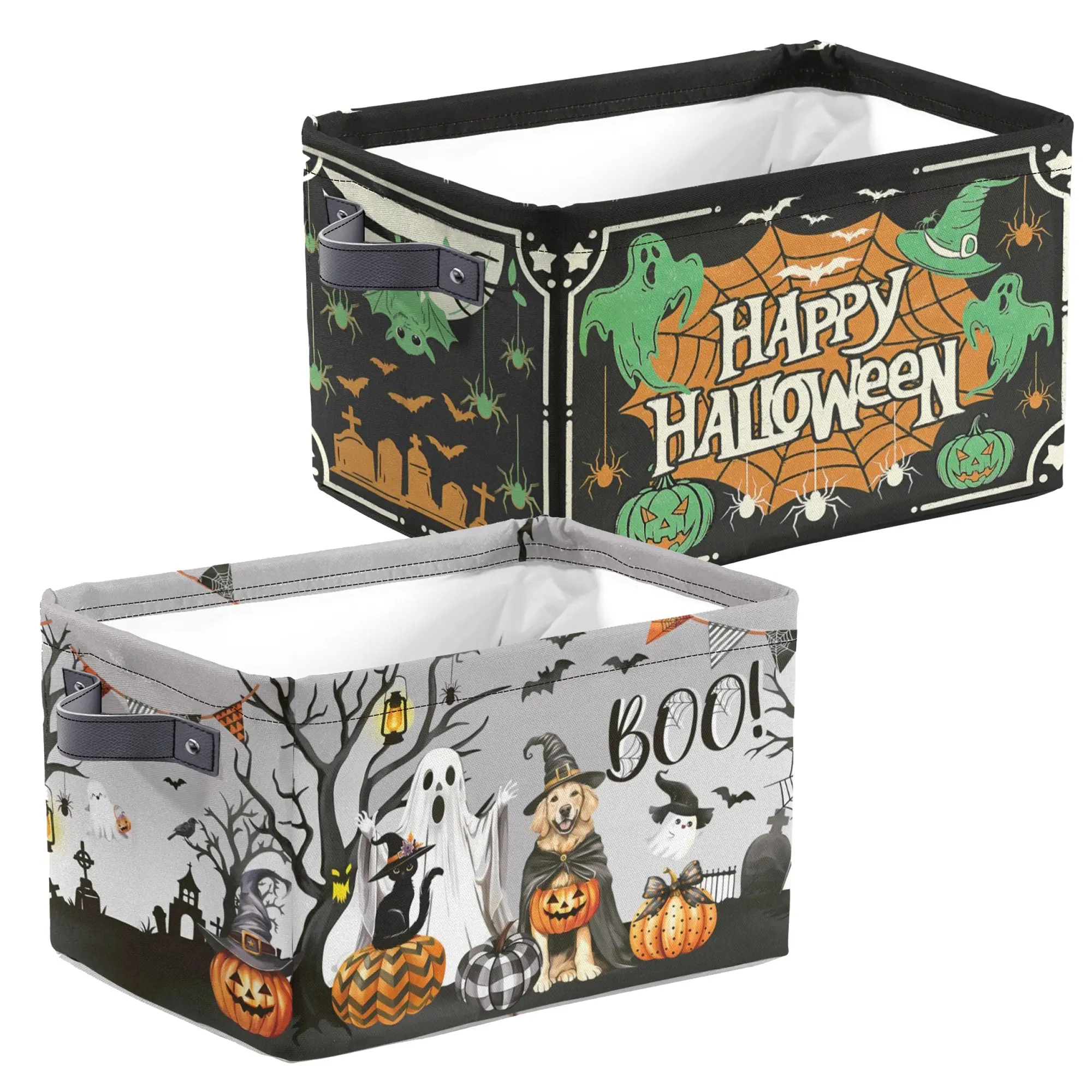 Large Foldable Halloween Storage Basket with Spider Web, Pumpkin, Black Cat, Bat Designs - Home Organiser for Decoration and Storage Needs