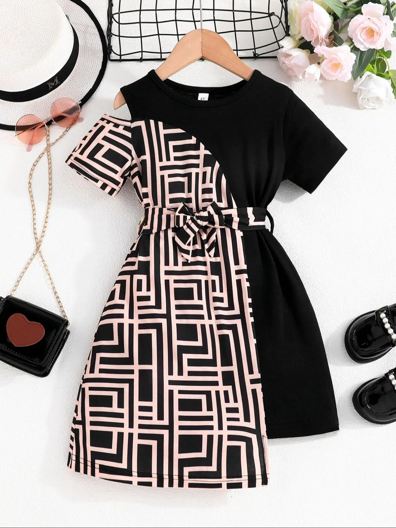 Toddler Girl's Geometric Patchwork Print Cut Out Belted Tee Dress, Elegant Asymmetrical Round Neck Short Sleeve Dress for Summer, Kids Clothes for Da