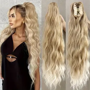 26 Inch Long Water Wave Claw Clip Ponytail  High-Temperature Synthetic Fiber Wrap Around Pony Extension