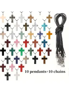 10Pcs Natural Stone Pendant Diy Pendants with 10Pcs Mixed Color Rope Cross Shaped Black Faux Leather Cord Cross Jewelry Print DIY Jewelry Making Supplies Festival Gift