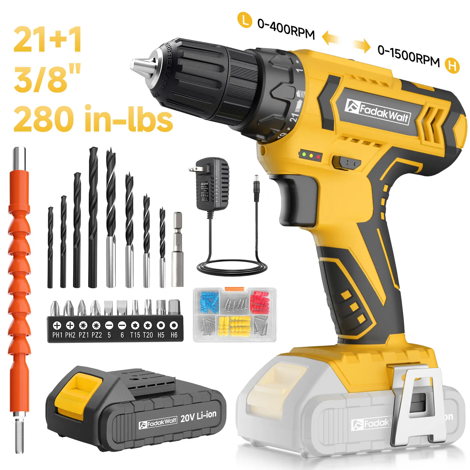 Fadak Walt Cordless Power Drill-Driver Screwdriver Combo Set - 1 Charger, Detachable High-Capacity Battery, Home Cordless Drill Tool, 21+1 Gear Settings, High Torque