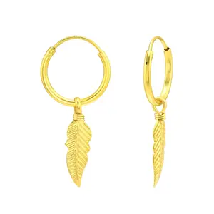 Gold Plated 925 Silver Hoop Earrings with Hanging Feather