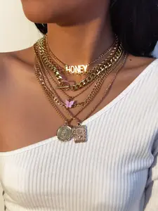 Women's Multi-Layer Necklace Set, Honey Letter Butterfly Coin Pendants, Boho Style for Daily Party Music Festivals