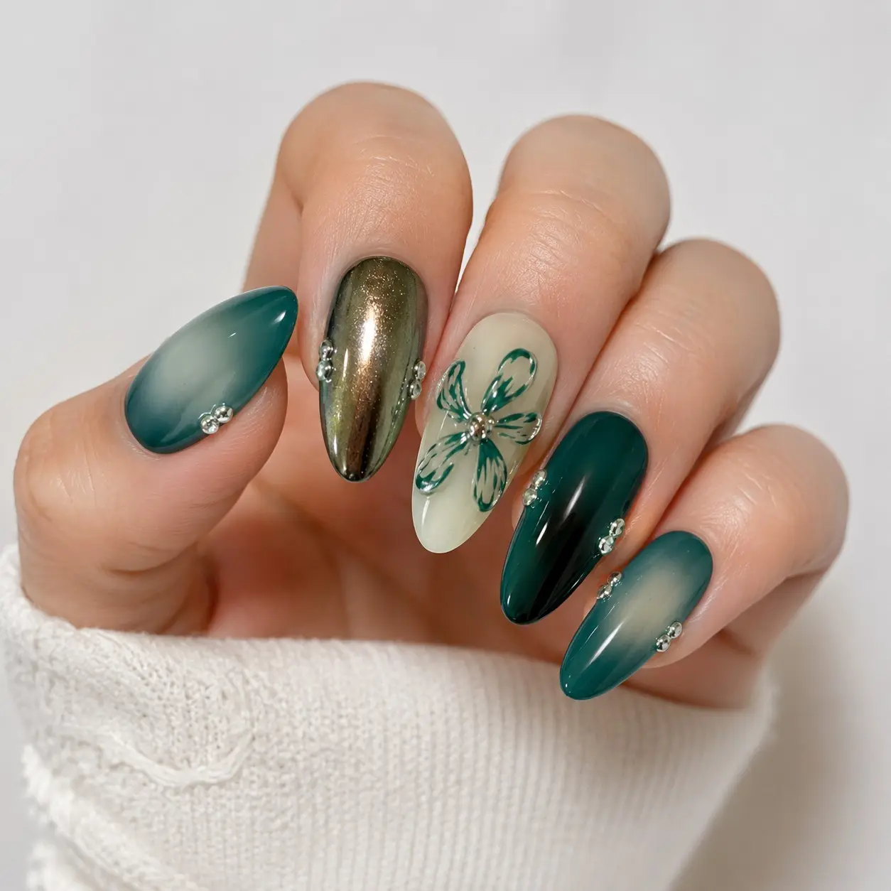 10pcs Almond Shape Nail Tips, Gradient & Silver Color, Hand-Painted Flowers, Rhinestone Decor, Glossy Finish, Reusable Fake Nails, Nail Art Supplies
