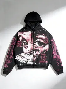 Men's Y2K Retro Streetwear Gothic Style Hoodie, Loose-Fit Short Jacket, Angel Wings Graffiti Print Zip-Up Sweatshirt, Dark Fashion Trend, Casual Streetwear Looks