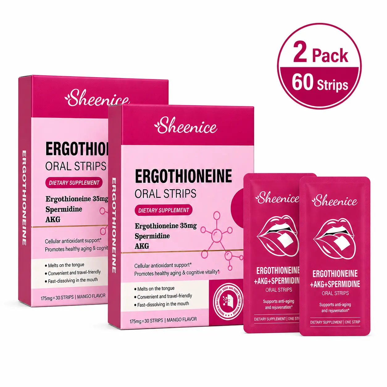 Sheenice Ergothioneine (35mg) Fast-Dissolving Strips (with AKG and Spermidine) – Twin Bundles,Supporting Cellular Energy, Mitochondrial Function, and Healthy Aging,Antioxidant Support, Skin Glow Support,Mango Flavor, 30 Strips,Non-GMO, Vegan ,60 Strips.