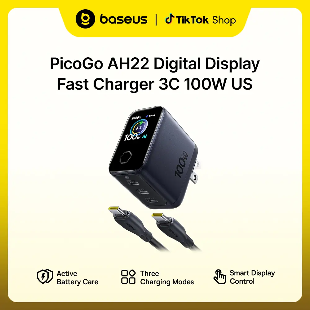 Baseus PicoGo Pro AH22 100W USB-C Foldable Plug Charger with Turbo Fast Charging, Smart Screen, Multi-Device Protection for Mobile Phones & Electronic Devices, Cable-Compatible,techvibes