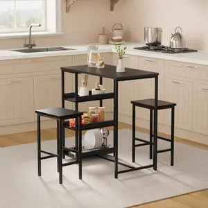 Modern 3-Piece Counter Height Dinette Set, Sturdy Iron and Wood Kitchen Table with Built-In Storage Shelves and 2 Comfort Bar Stools, Space-Saving Furniture for Small Homes, Apartments and Condos