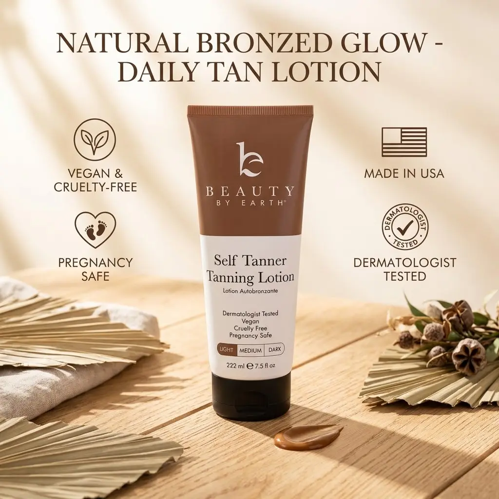 Beauty by Earth Self Tanner Body Lotion - Best Gradual Natural Bronzed Sunless Hydrating Streak Free Tanning Glow Made in USA, Vegan Cruelty Free Pregnancy Safe