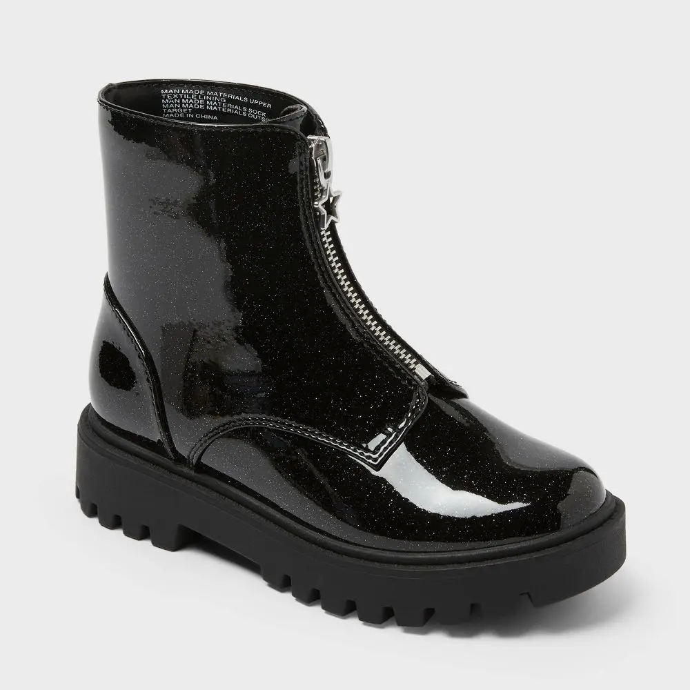 Art Class Kids' Myra Chelsea Footwear Boot, Faux Patent Leather with a Speckled Finish & Front Star Zipper