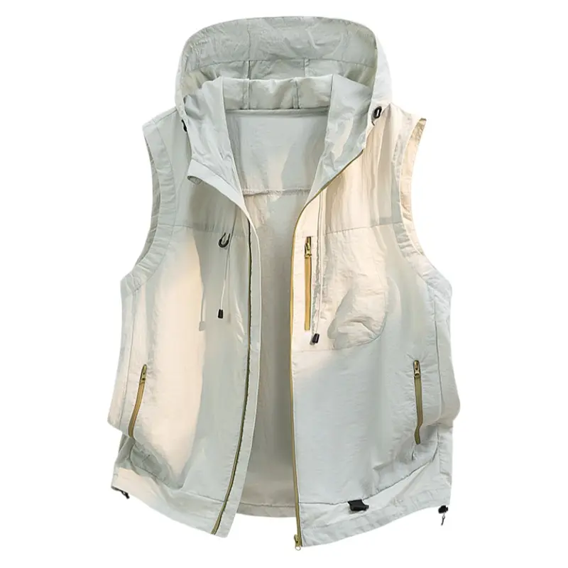 Men's Loose Fit H-Type Hooded Vest - Nylon Plain Minimalist Casual Quick-Dry Breathable Sleeveless Zip-Up Waistcoat, Grey Menswear with Zip Pockets for Summer Outdoor Sports, Stylish Sporty Chic Activewear