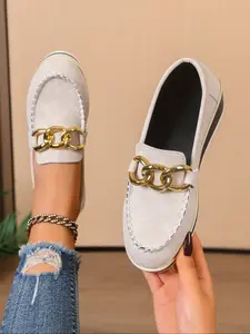Women's Casual PU Leather Loafers, Geometric Pattern, Slip-On Design, Comfortable Fall & Winter Shoes, Fashionable One-Piece Style, Footwear