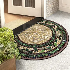 Half Round Mosaic Plant Texture Rug, Boho Vintage Farmhouse Door Mat, Entryway Hallway Carpet, Boho Area Rugs, Suitable for Balcony Patio Living Room Bedroom