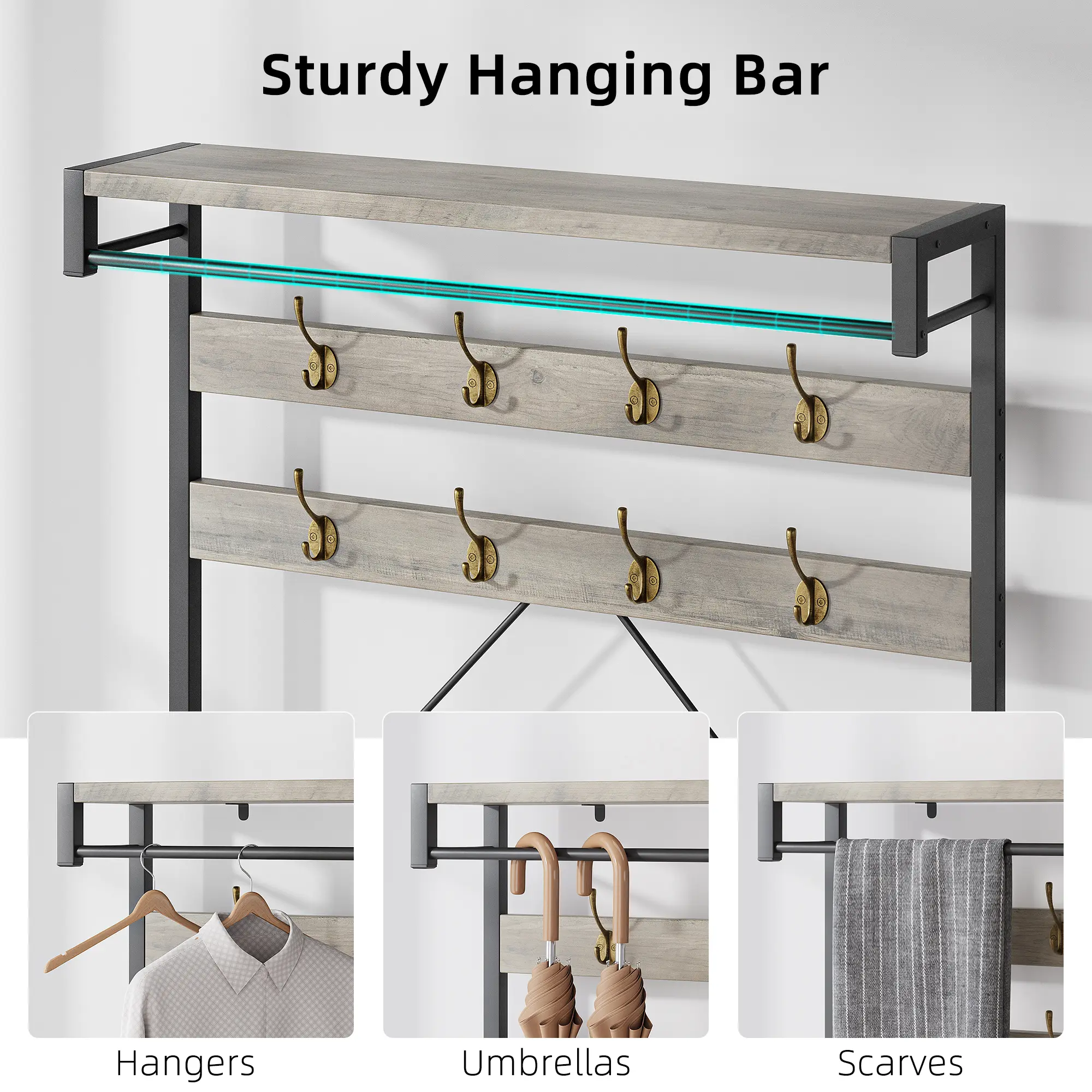 Heavy Duty Wood-MDF Metal Industrial Entryway Organizer with Coat Rack, Shoe Storage, Multi-Hook Shelf - Decor for Mudroom, Bedroom