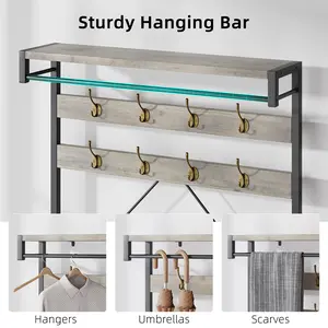 Industrial Hall Tree with Shoe Bench and Coat Rack, Heavy Duty Entryway Organizer, Multi Hook Storage for Mudroom or Bedroom
