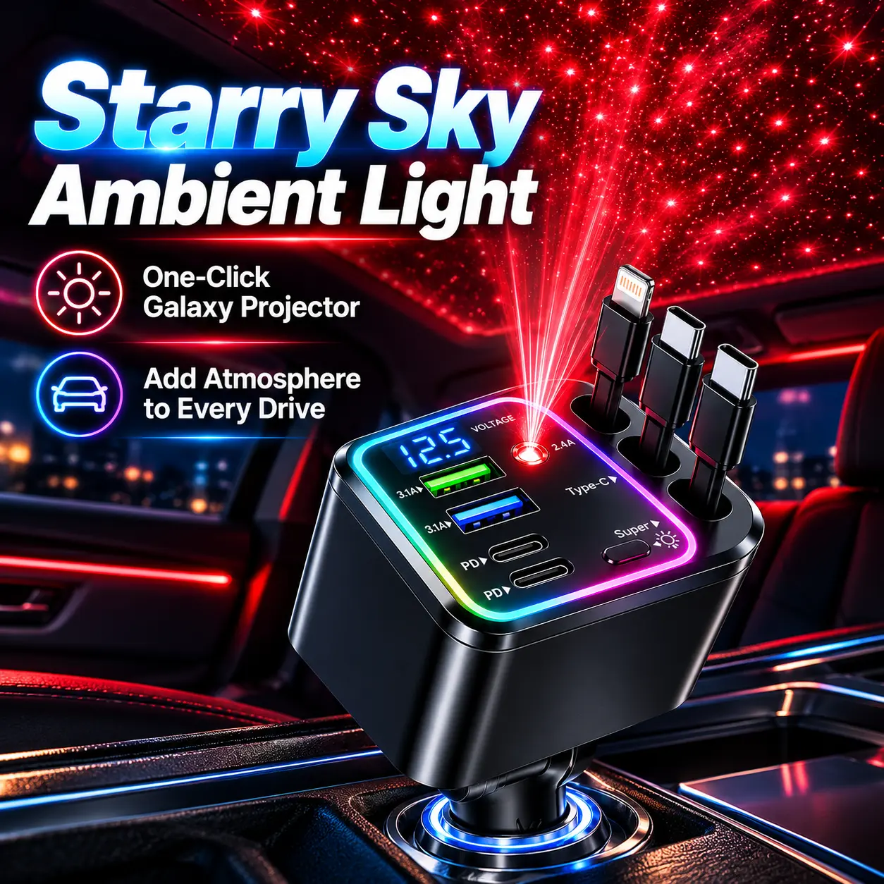 Retractable Car Charger 120W 7 in 1 Super Fast Charging Star Projector Light Starry Sky Light 3 Tangle Free Retractable Cables LED Voltage Display PD Fast Charge USB C USB A Multi Device Charging Station Charge 7 Devices Simultaneously Universal for iPhon