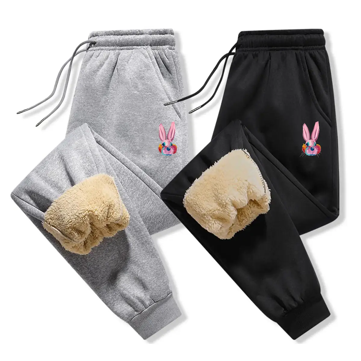Men's Soft Jogger Trousers with Bunny Print, Fleece-Lined Fitted Cut Cargo Pants for Street Chic Winter Wear, Menswear Clothes