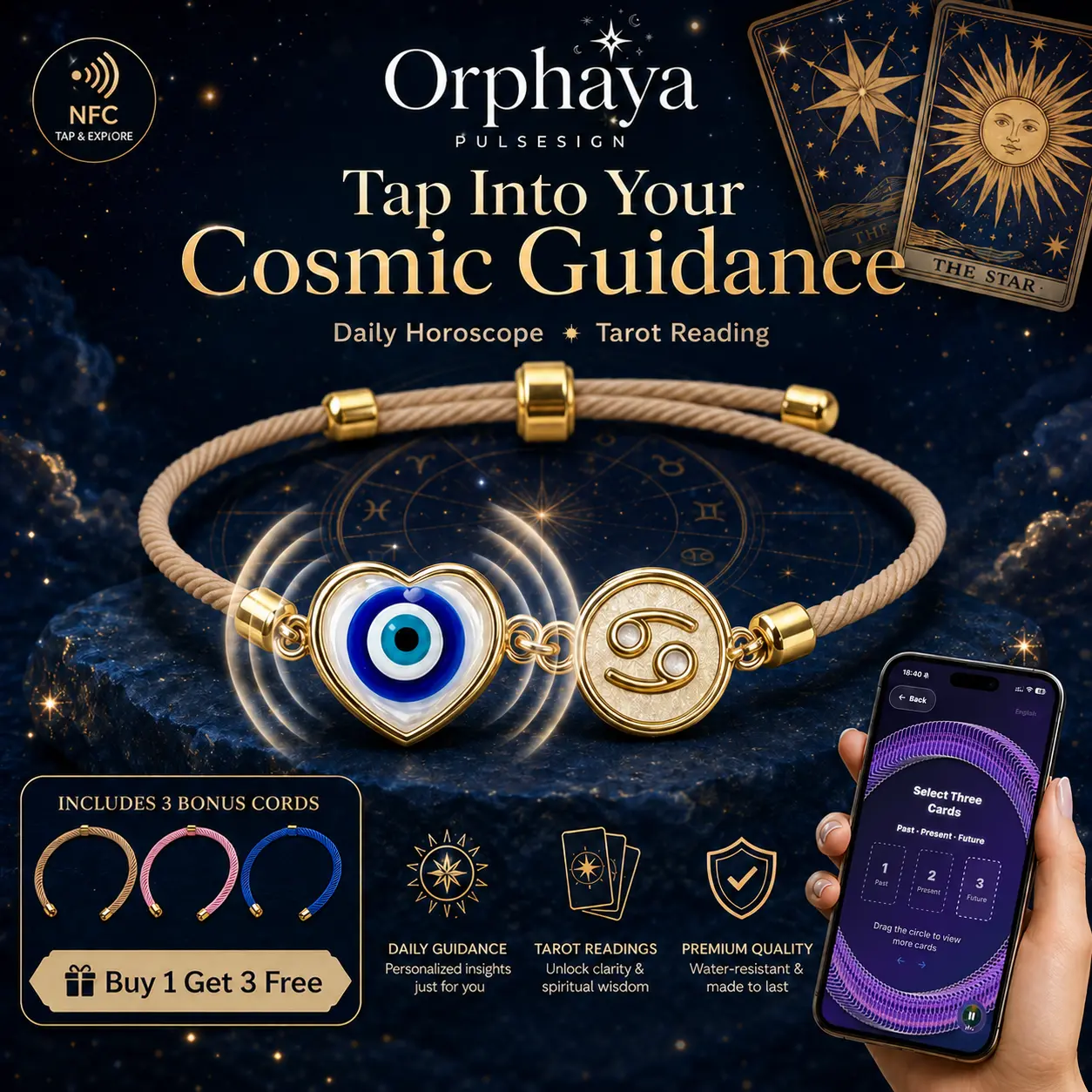 Orphaya Unisex 12 Zodiac Discs Bracelet - 4 Interchangeable Cords, NFC Chip Resin Alloy Jewelry with Heart Charm, Evil Eye Spiritual Talisman, Adjustable Waterproof Birthday Gift for Women Men, Evil Eye Protection Bracelets & Bangles, Daily, Heart Evil Ey