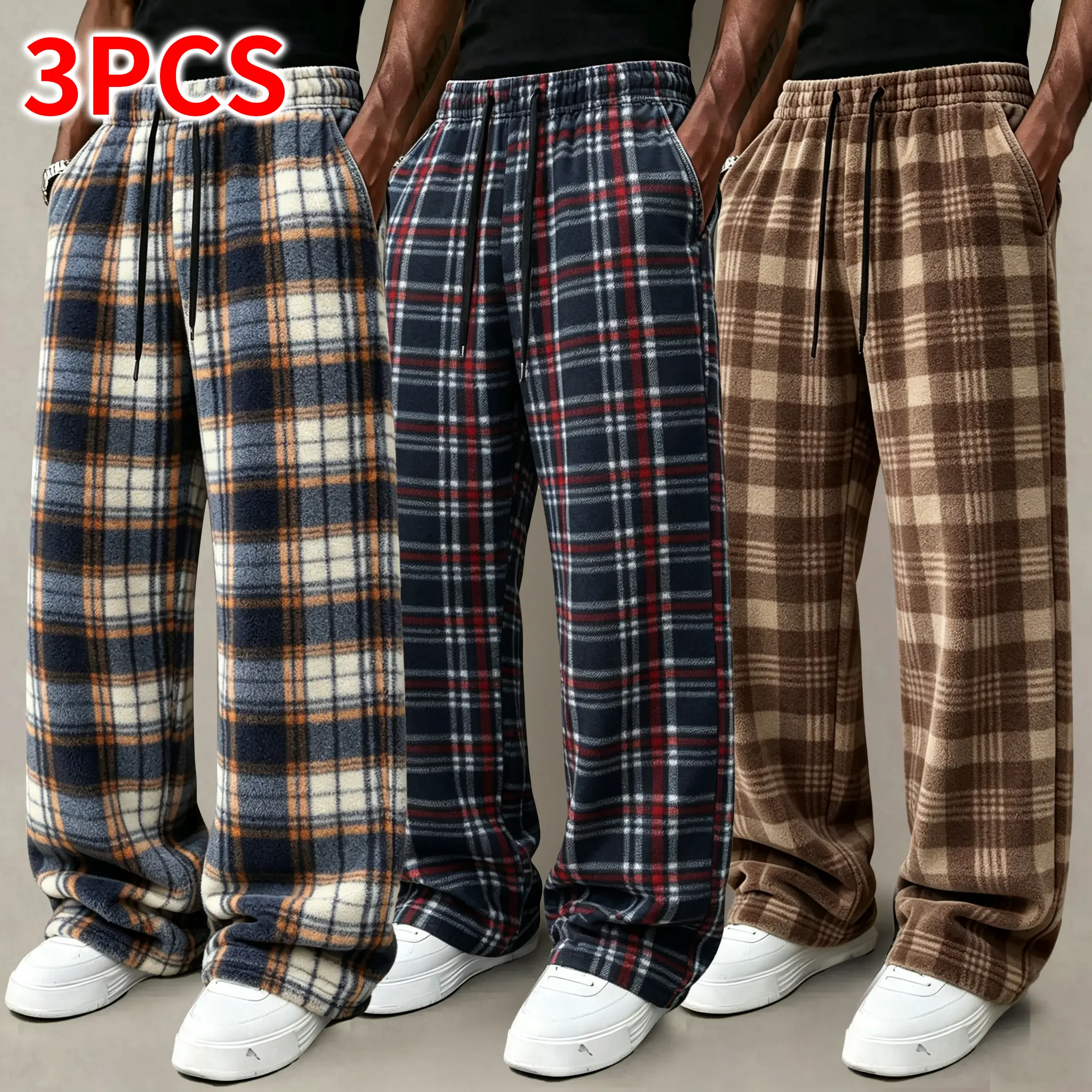 3-Pack Men’s Plaid Wide-Leg Pants (2-Pack or Single Option Available), Vintage Plaid Loose Straight-Leg Pants, Drawstring Loose Streetwear Pants, Fall & Winter Wardrobe Essential