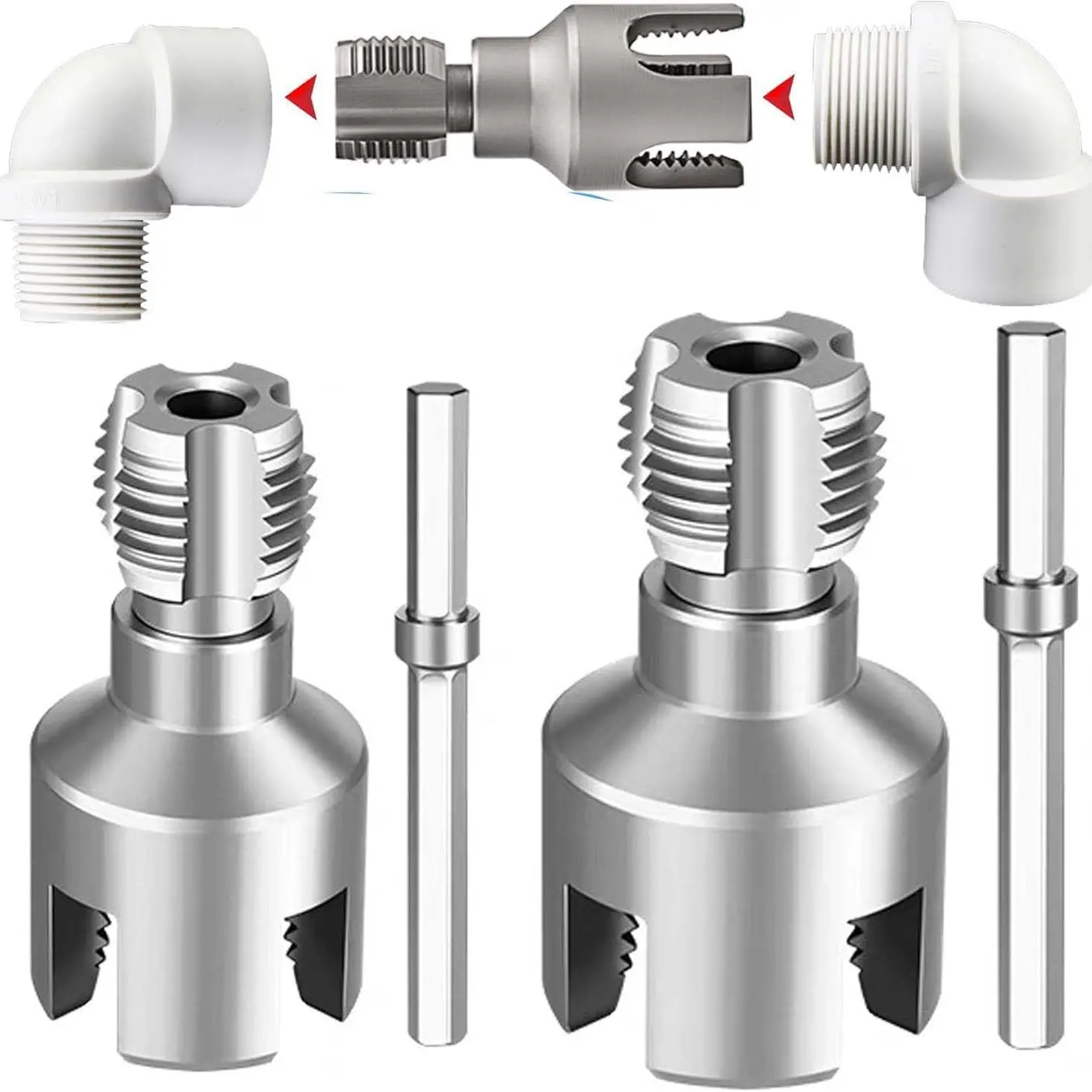 2PCS Alloy Steel Pipe Threader Kit with 1/2"-3/4" Dual-Function Internal & External Taps, Electric Drill-Compatible Cutting Tool for Water Pipes, Fast DIY Plumbing Solution