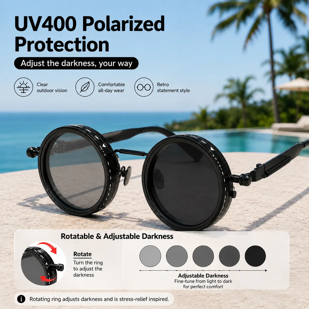 Polarized Round Sunglasses with Rotating Adjustable-Tint Frame, UV400 Anti-Glare Retro Punk Eyewear with Adjustable Lens Darkness for Men & Women, Rave Festival & Summer Accessories