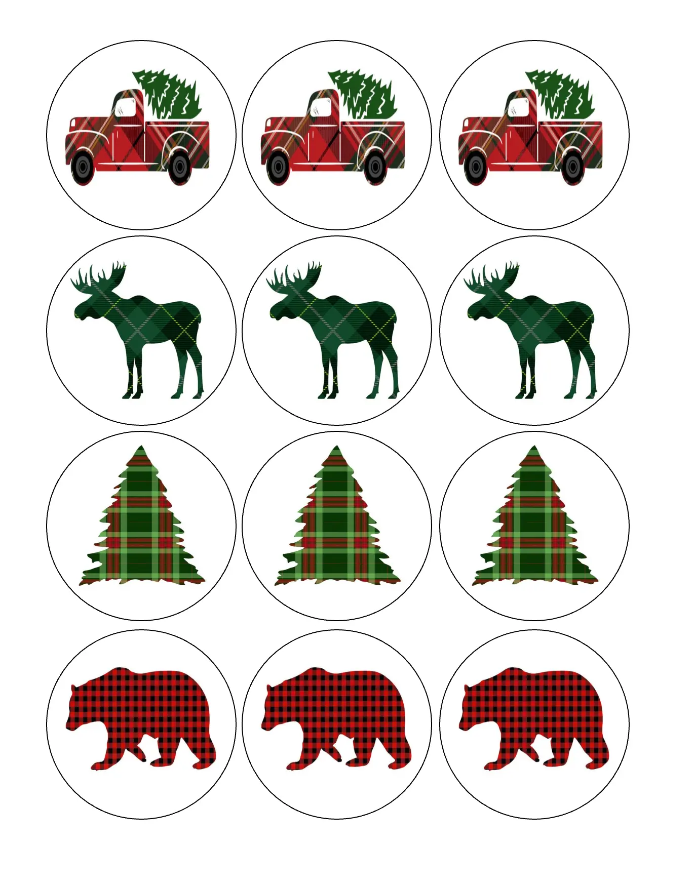 12-Piece Pre-Cut Edible Images Decor - Photo, Stripe Cake & Cupcake Toppers, Drink Toppers with Buffalo Check, Plaid Designs for Christmas, Woodland Holidays (Size Selectable)