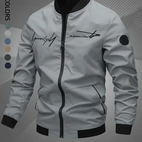 Men's Regular Fit Letter Embroidery Zip Up Bomber Jacket, Casual Long Sleeve Windproof Baseball Collar Outerwear for Fall & Winter, Men's Clothes for Daily Wear, Jackets for Men, Coat