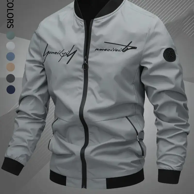 Men's Regular Fit Letter Embroidery Zip Up Bomber Jacket, Casual Long Sleeve Windproof Baseball Collar Outerwear for Fall & Winter, Men's Clothes for Daily Wear, Jackets for Men, Coat