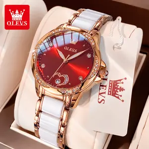 OLEVS Genuine Women's Fully Automatic Mechanical Analog Watch, Round Dial Self Winding Water Resistant Wristwatch, Ceramic Strap, Luminous, Non-Fading Stainless Steel (Model 6631)