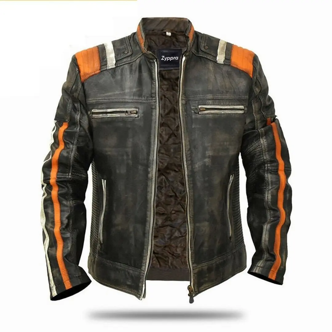 Men’s Retro 3 Cafe Racer Biker Vintage Motorcycle Distressed Real Leather Jacket Handmade